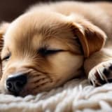 Adorable puppy resting, sleeping on cozy blanket, calm and relaxed dog.