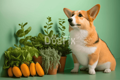 Vivid image of a Corgi dog next to potted herbs and vegetables on a green background.