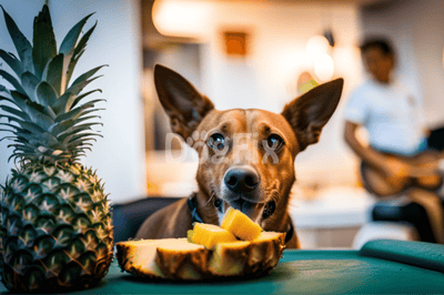 Adorable dog chewing pineapple next to a fresh pineapple, enjoying healthy snacks at home.