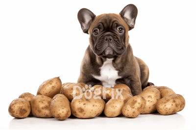 Adorable French Bulldog puppy sitting among fresh potatoes. Perfect for pet and vegetable lovers.