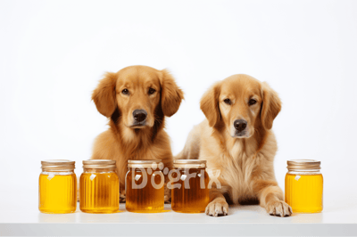 A pair of adorable Golden Retrievers sitting with jars of dog supplements on a white background.
