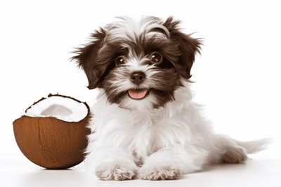 Adorable puppy sitting next to a halved coconut, perfect for pet nutrition and healthy treats.