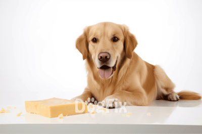 Happy Golden Retriever with cheese, litter on white background.