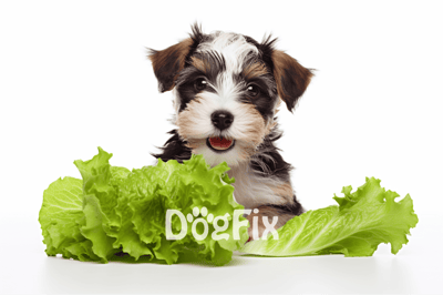Adorable puppy sitting behind fresh green lettuce, promoting healthy dog food options.