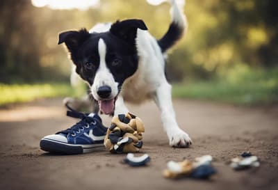Cute dog playing with sneakers and toys on a park trail. Happy puppy enjoying outdoor activities and fun with dog toys.