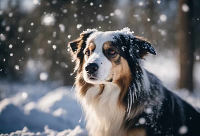 Dog enjoying snowy outdoor adventure.
