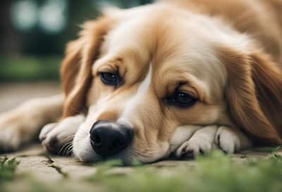 Adorable puppy lying on the grass, looking calm and relaxed. Perfect for pet care and dog wellness topics.