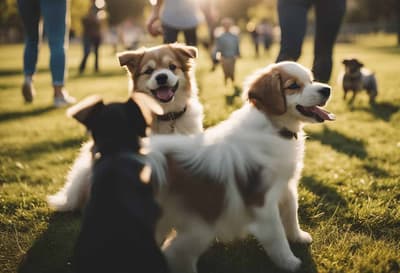 Adorable puppies enjoying a park walk with people in the background.