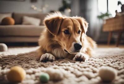 Adorable puppy lying on a cozy rug with colorful toys, indoor setting, perfect for pet care and dog training.
