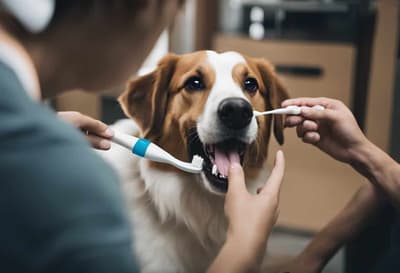 Close-up of veterinarian brushing a lovable dog’s teeth for dental health.