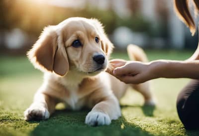 Adorable golden retriever puppy receiving gentle petting outdoors.