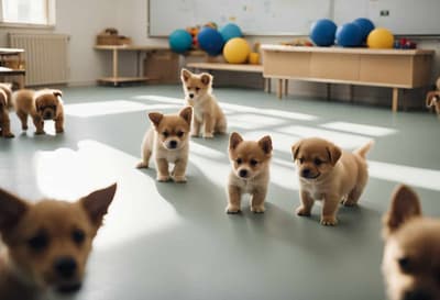 Adorable puppies in a training room practicing socialization and obedience exercises.