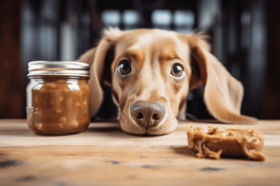 Dog treats on wooden floor with puppy.