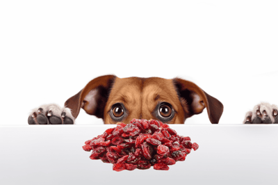 Dog with dried cranberries and healthy snacks.