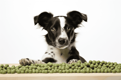 Adorable black and white puppy surrounded by fresh green peas, perfect for dog and pet care content.