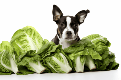 Adorable dog with fresh lettuce for a healthy pet diet.