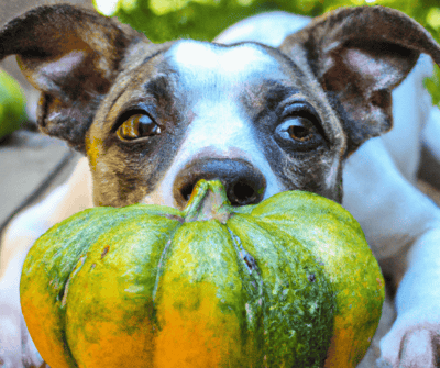 Dog with pumpkin toy for fetch and play.