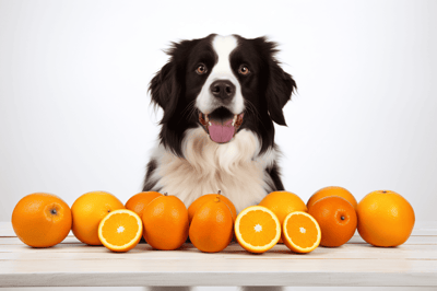 Bright happy dog sitting behind oranges and orange slices.