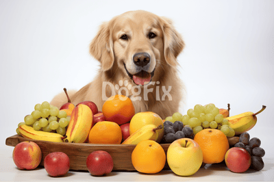 Adorable golden retriever surrounded by colorful fresh fruits, ideal for dog nutrition and wellness.
