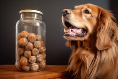 Dog treat jar filled with homemade dog treats and a happy golden retriever.