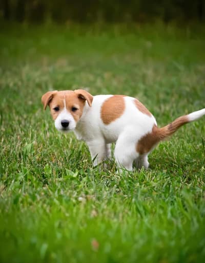 Adorable Jack Russell puppy standing on lush grassy field, curious and playful dog.