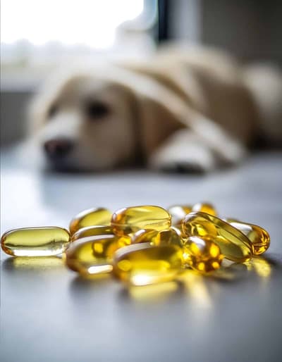 Pet supplement capsules lie on a surface, with a dog sleeping in the background, promoting pet health and wellness.