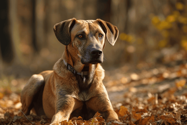 Dog lying in fallen leaves, peaceful woodland scene.