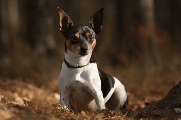 Adorable small dog with pointed ears, sitting in a natural wooded environment, looking alert.