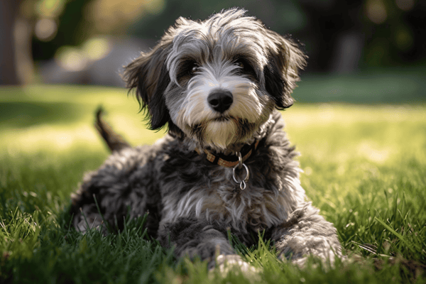 Cute puppy lying on lush green grass, enjoying a sunny day outdoors. Perfect for dog care, grooming, and pet health tips.
