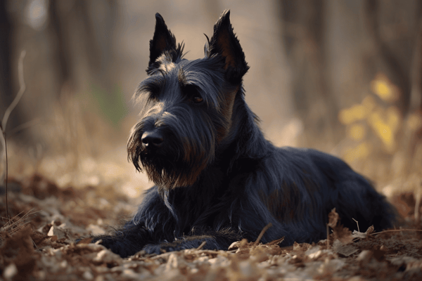 Dog sitting in autumn leaves, Schnauzer dog in natural outdoor setting for pet care and grooming service SEO.