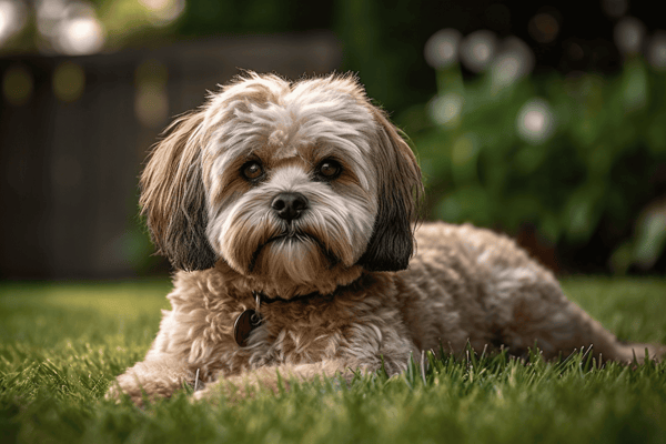 Adorable dog lying on green lawn with blurred garden background.