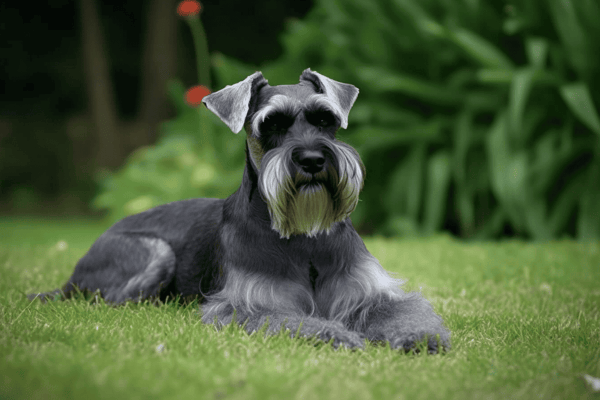 Cute Mini Schnauzer lying on grass in a garden.