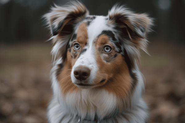 Australian Shepherd with blue eyes, fluffy coat, outdoors, friendly dog.