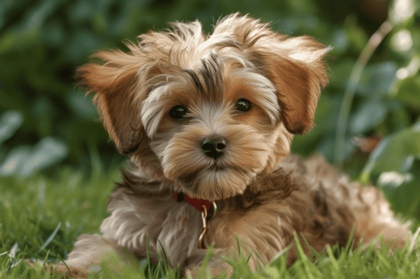 Adorable puppy lying on grass in lush garden, cute and playful for pet lovers.