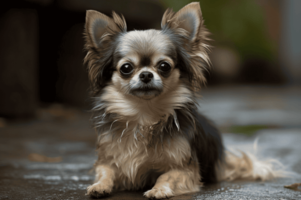 Cute Chihuahua dog with long fur, sitting on a stone surface in a natural outdoor environment.