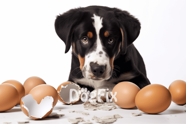 Adorable puppy with eggs, highlighting pet nutrition and wellness.