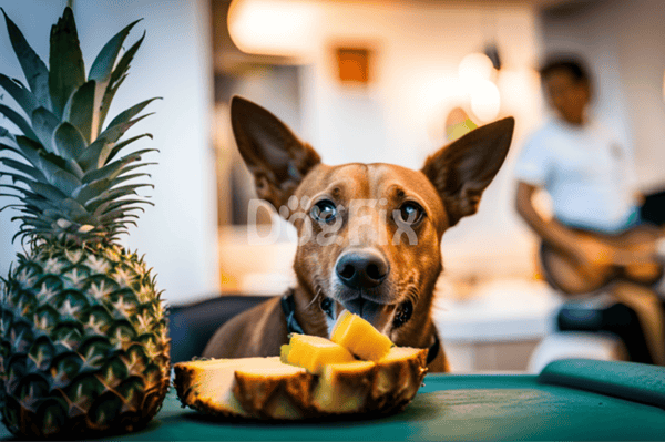 Adorable dog chewing pineapple next to a fresh pineapple, enjoying healthy snacks at home.