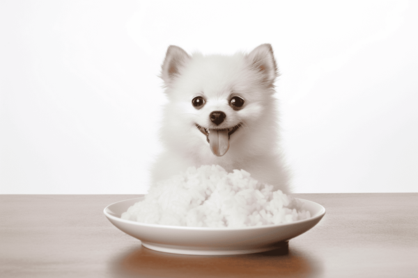 Pomeranian puppy with wide eyes, sitting behind a plate of rice, showcasing adorable and happy pet spirit.