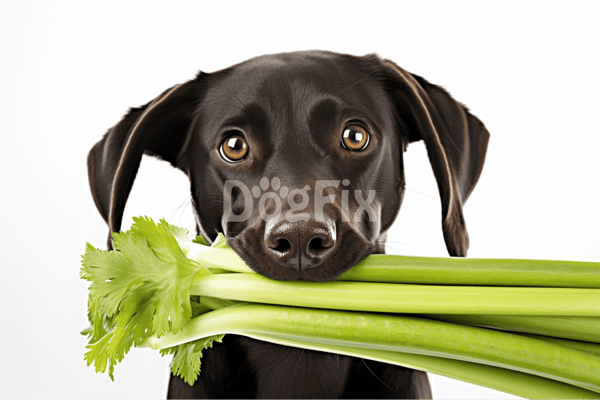 Dog holding fresh celery sticks in mouth for a healthy treat.