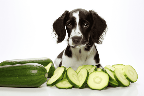 Adorable dog with cucumbers, healthy pet snack, natural dog treats, canine diet food, green dog treats, pet nutrition.