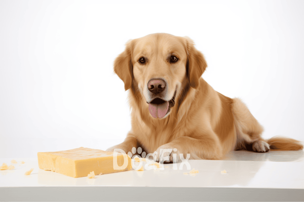 Happy Golden Retriever with cheese, litter on white background.