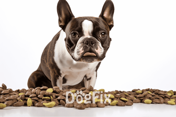 Healthy dog treats with a Boston Terrier puppy on a white background for pet nutrition.