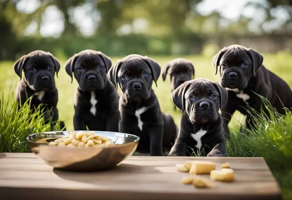 Cute black puppies with white chest patches looking at food dish.