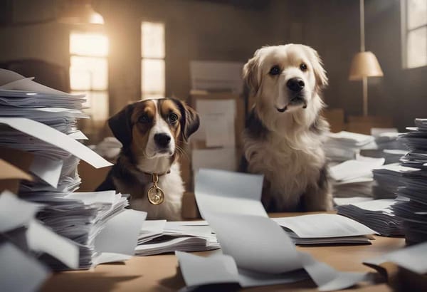 Dogs sitting at a desk surrounded by piles of papers and files.