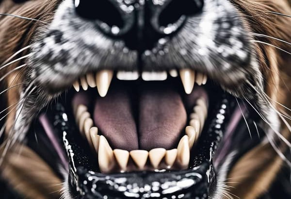 Close-up of a dog's fierce open mouth showing sharp teeth and aggressive expression.