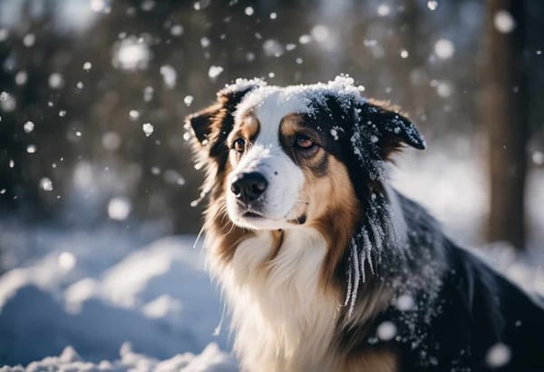 Dog enjoying snowy outdoor adventure.