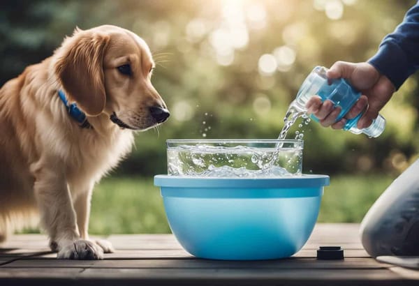 Dog drinking water from a splash-proof bowl in outdoor park.