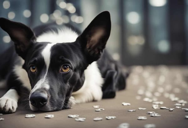 Dogs lying on floor with scattered puzzle pieces.