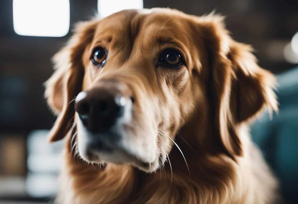 Close-up of a brown retriever dog with soulful eyes, emphasizing pet health and grooming support.