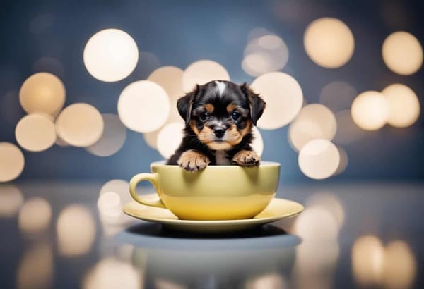 Adorable puppy sitting in a teacup, perfect for dog care and puppy feeding tips.